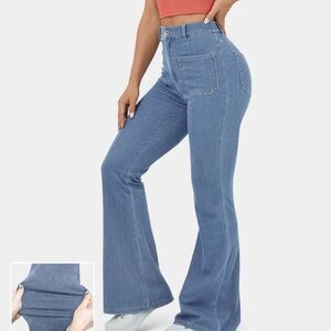 128H.- HalaraMagic HighWaisted Button Pockets Stretchy Knit Casual Flare Jeans.